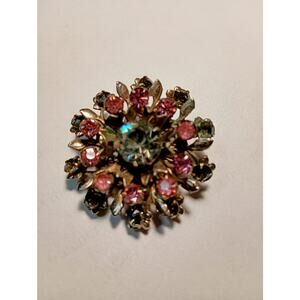 Vintage Floral Grey/Pink Rhinestones W/Silver-tone Leaves Brooch
